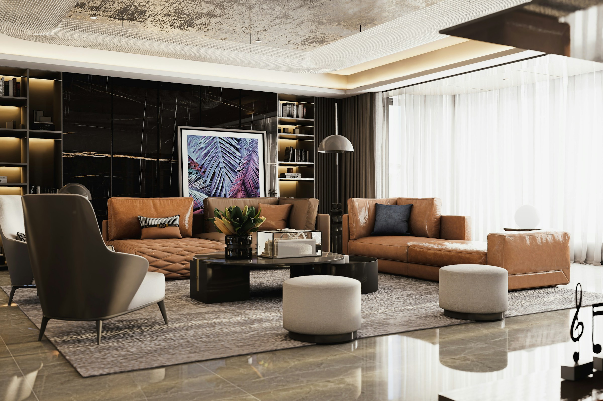 Luxury penthouse interior with floor-to-ceiling city view windows